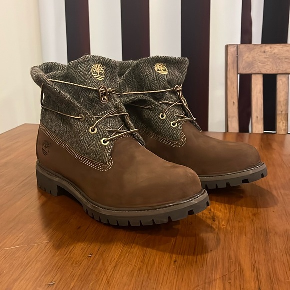 Timberland X Harris Tweed Roll Top boots plaid brown new TB0A11QV Mens Size 12 - Picture 1 of 16